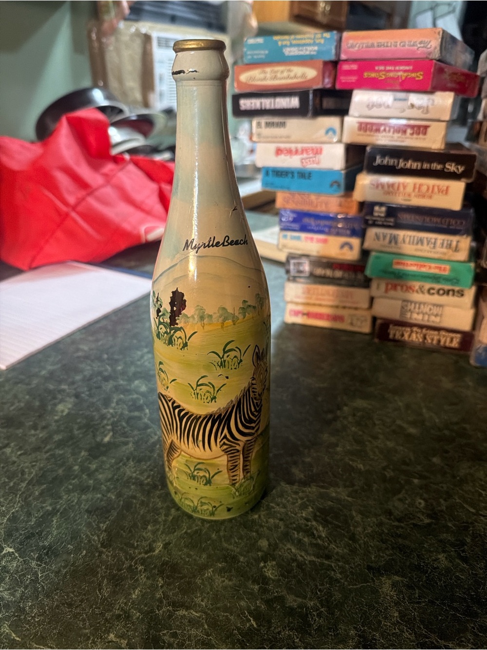 Vintage Myrtle Beach Hand-Painted Zebra Bottle - Green & Yellow Decorative Vase